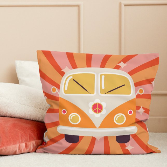 Groovy Hippie Van Rosa & Orange 60 s Retro Kudde (Groovy Hippie Van Pink & Orange 60s Retro Throw Pillow teen girl college dorm room decor decoration)