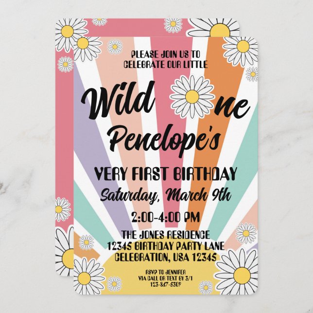 Groovy Hippy Sol & Daisy 1:a födelsedagen Inbjudningar (Fram/baksida)