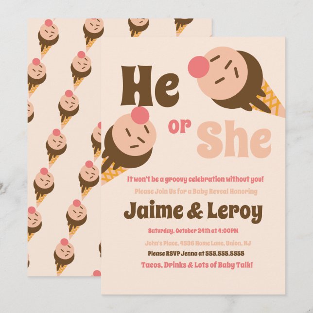 Groovy Ice Cream Cones Gender visar att han eller  Inbjudningar (Fram/baksida)