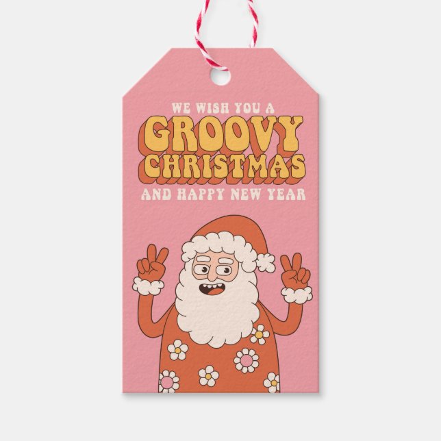 Groovy jul Merry Santa Funny Retro Hippie Presentetikett (Framsidan)