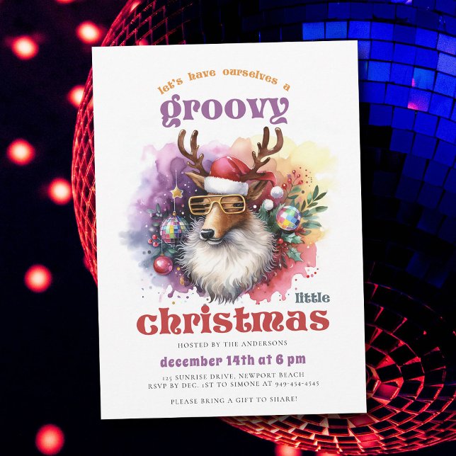 Groovy jul Reindeer Funny jul Party Inbjudningar (groovy little christmas hippie disco reindeer 70s nostalgia retro vintage party invitation)
