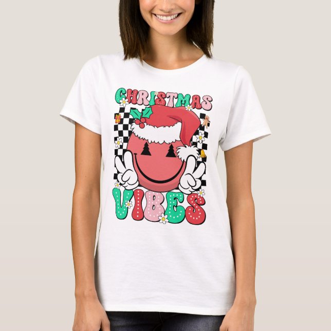 Groovy jul Vibes Smile Ansikte Santa Hat Julafton T Shirt (Framsida)