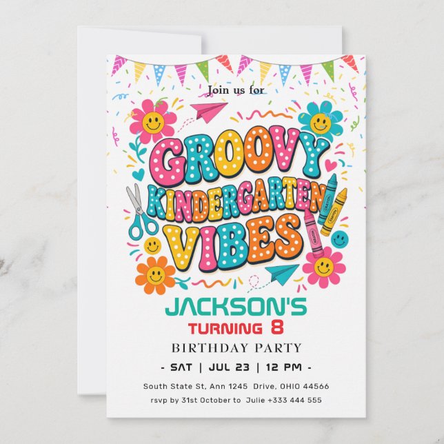 "Groovy Kindergarten Vibes" Retro Födelsedag Inbjudningar (Framsida)