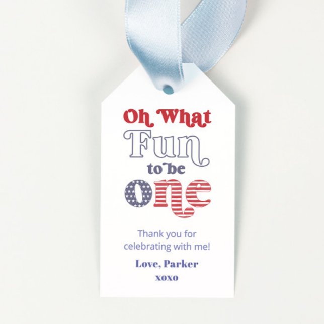 Groovy Könsneutral Första Födelsedagsfest Presentk Presentetikett (Retro typography red white and blue 1st birthday party favor tags oh what fun to be one)