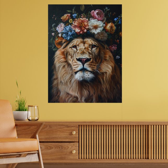 Groovy Kung: Retro Lejon med Blommigt Krona Poster (Vardagsrum 2)