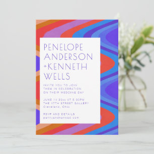 Groovy Kurvig Linjer Unuk Retro Blå Röd Bröllop Inbjudningar
