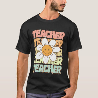 Groovy Lärare Söt Tusenskönas Blomma Retro Första T Shirt