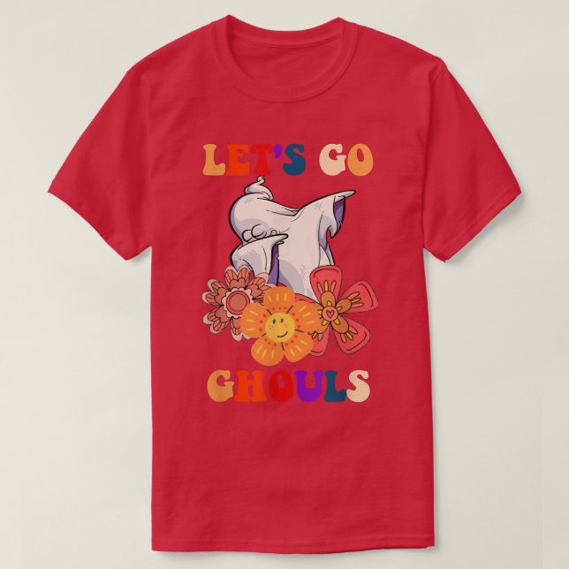 Groovy Låt oss Go Ghouls Blommigt Ghost Hippie Hal T Shirt (Design framsida)
