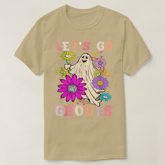 Groovy Låt oss Go Ghouls Blommigt Ghost Hippie Hal T Shirt (Design framsida)