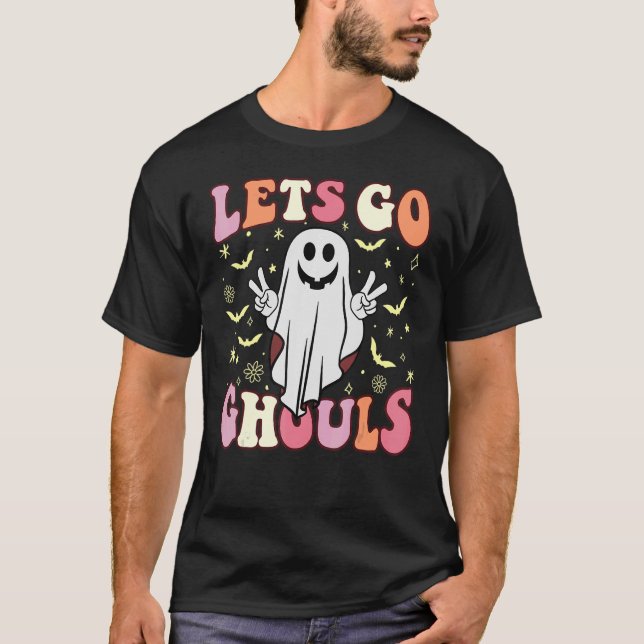 Groovy Låt oss Go Ghouls Blommigt Ghost Hippie Ret T Shirt (Framsida)