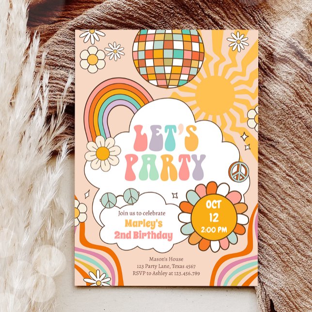 Groovy Låt oss Party Retro 70-talets regnbågsfödel Inbjudningar (Skapare uppladdad)