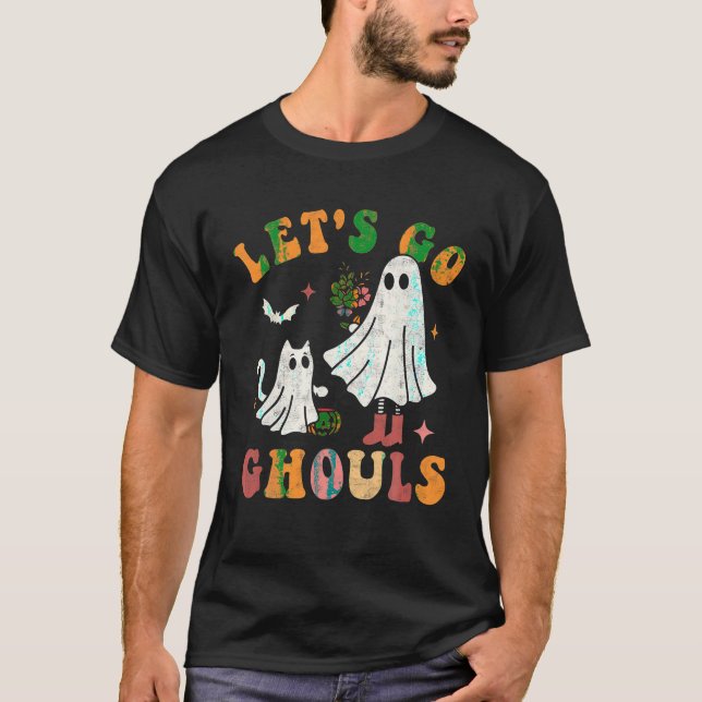 Groovy Let s Go Ghouls Ghost Cat Retro Halloween B T Shirt (Framsida)