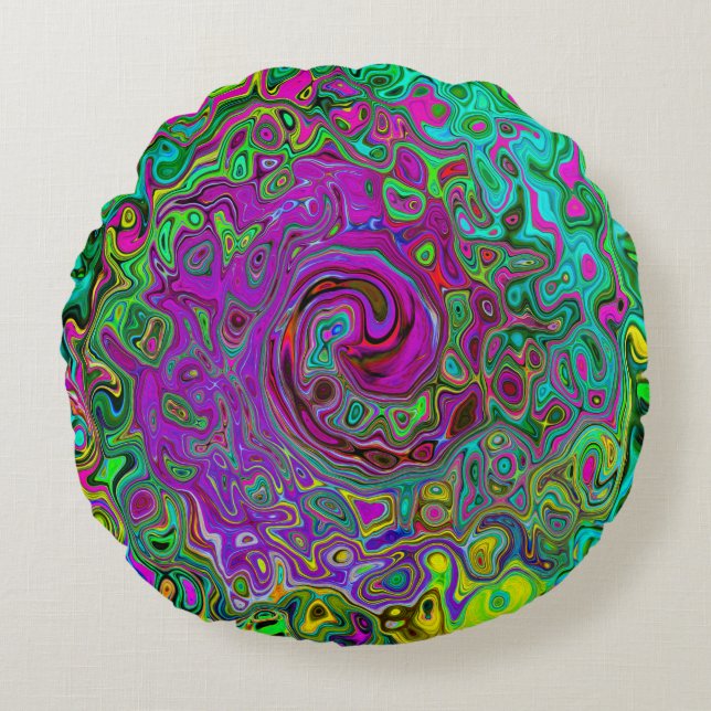 Groovy Lila Abstrakt Retro Liquid Swirl Rund Kudde (Framsidan)