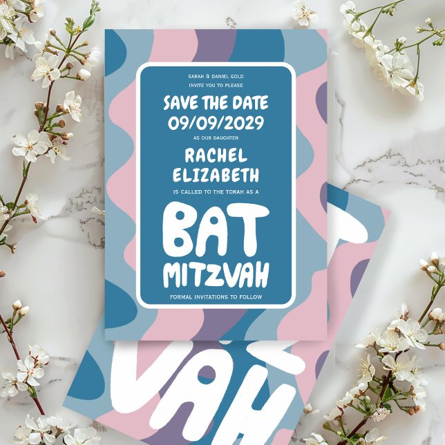 Groovy Lila Vinkarare Anpassningsbar Fladdermus Pu Spara Datumet (Groovy Purple Waves Custom Bat Bar Bnai Mitzvah Save The Date Card)