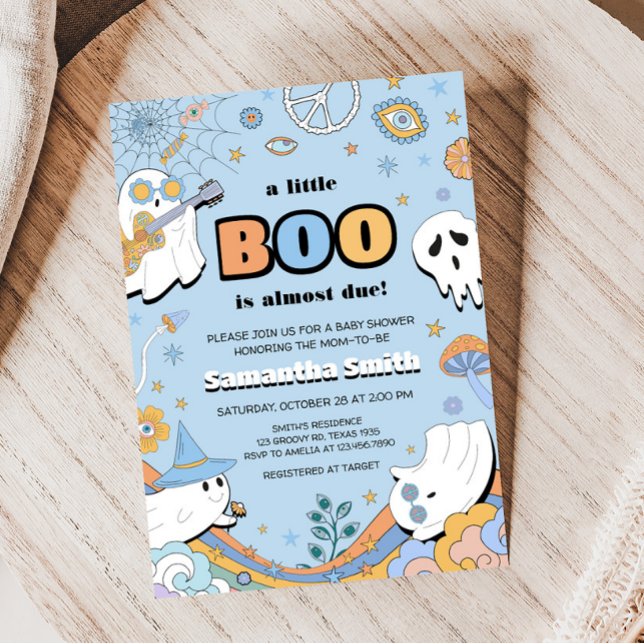 Groovy Little Boo Halloween Baby Shower Inbjudningar (Spooky Boy Ghost Baby Shower Invitation)