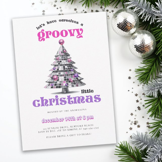 Groovy Little Christmas Disco Ball Julfest Inbjudningar (christmas party invitation corporate business disco tree groovy 70s hot pink black elegant fun)