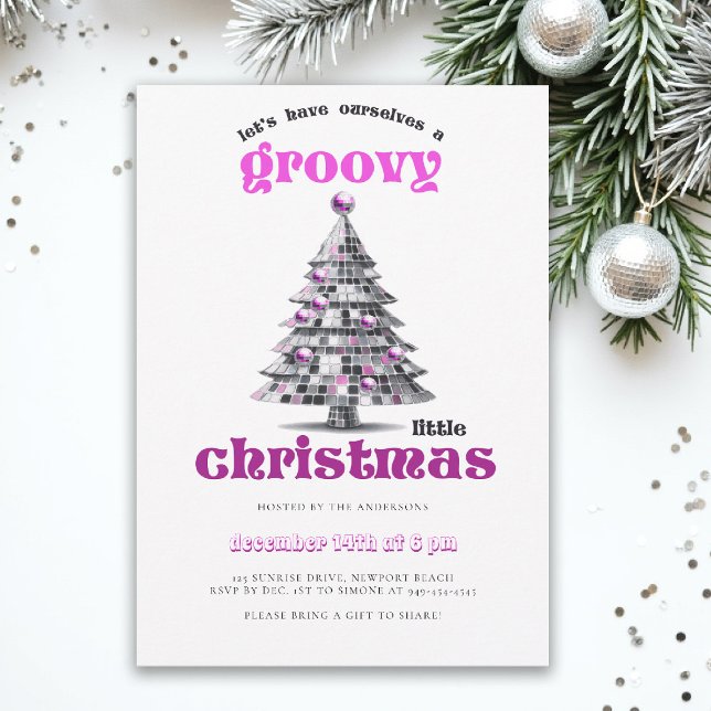Groovy Little Christmas Disco Rosa Julfest Inbjudningar (christmas party invitation corporate business disco groovy 70s hot pink black elegant fun tree)