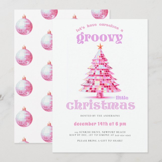 Groovy Little Christmas Pink Disco Julfest Inbjudningar (Fram/baksida)