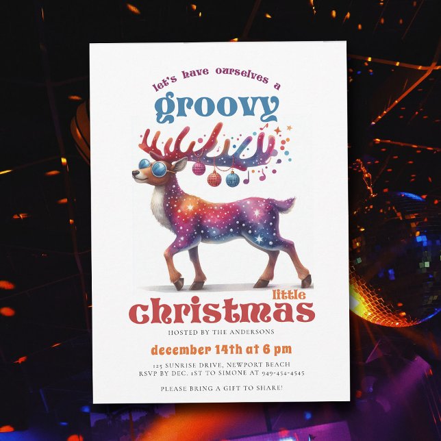 Groovy Little Disco Reindeer Funny jul Party Inbjudningar (groovy little christmas party hippie disco reindeer 70s nostalgia retro vintage invitation)