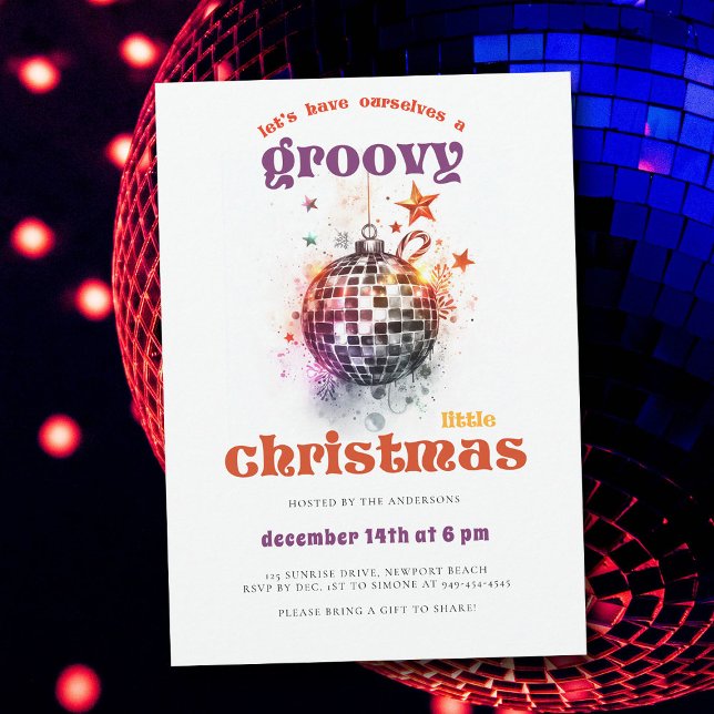 Groovy Little jul Disco Boll jul Party Inbjudningar (groovy little christmas ball bauble hippie 70s nostalgia retro vintage party invitation)
