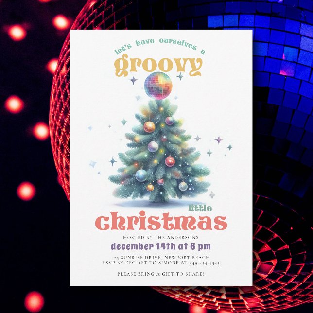 Groovy Little jul Disco Hip jul Party Inbjudningar (groovy little christmas ball tree party invitation)