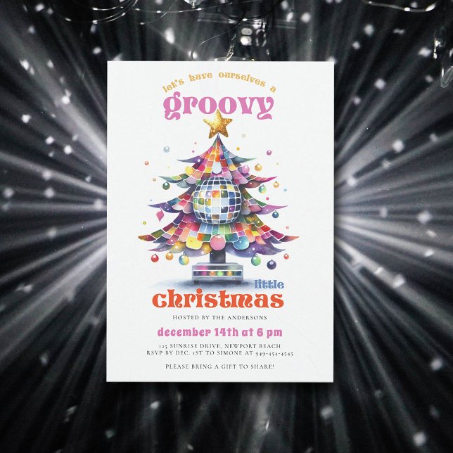 Groovy Little jul Disco Träd jul Party Inbjudningar (groovy little christmas party disco tree 70s nostalgia retro vintage rainbow merry bright watercolor)