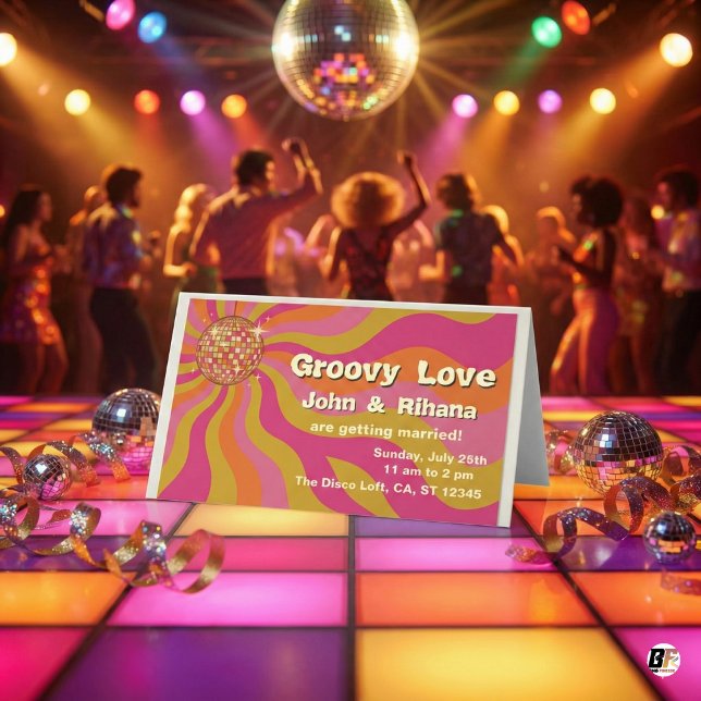 Groovy Love 70-tals Retro Disco Boll Bröllop Placeringskort (Skapare uppladdad)
