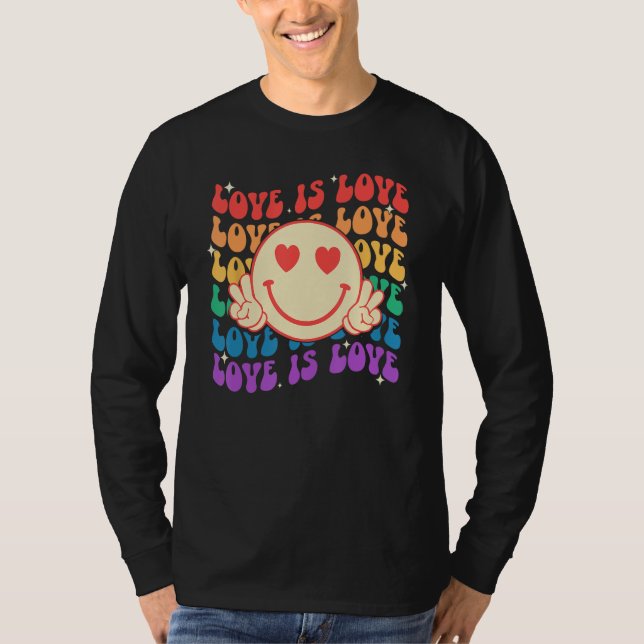Groovy Love Is Love Hippie Face Rainbow LGBT Gay A T Shirt (Framsida)