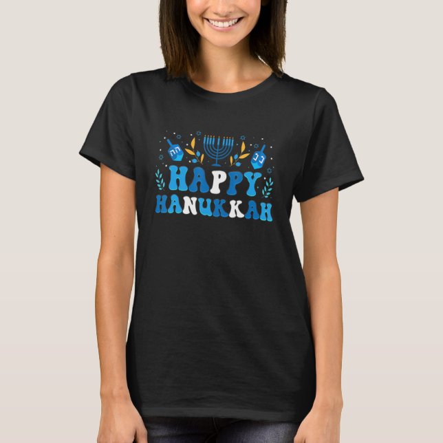 Groovy Lycklig Hanukkah Jewish Dreidel Challah Mat T Shirt (Framsida)