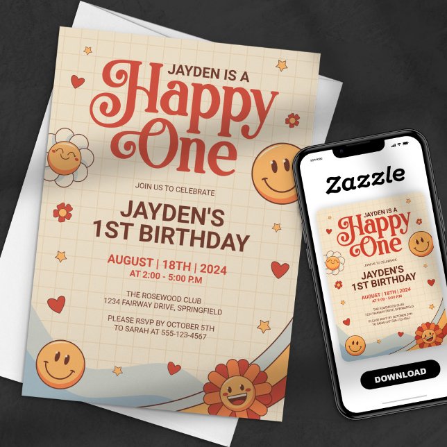 Groovy Lycklig One Y2k Lycklig Ansikte födelsedag Inbjudningar (Skapare uppladdad)