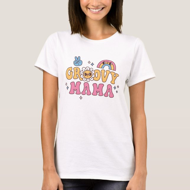 Groovy Mama Hippie Blomma Och Regnbåge T Shirt (Framsida)
