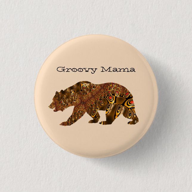 Groovy Mamma Bear Fractal Art Silhouette Typografi Knapp (Framsida)