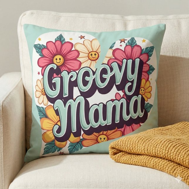 Groovy Mamma Retro Blommigt 70s Aesthetic Design Kudde (Groovy Mama Retro Floral 70s Aesthetic Design Throw Pillow Mockup A)