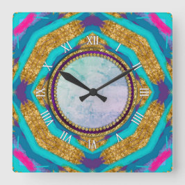 Groovy Mandala Aqua Blue Lila Wall Clock Fyrkantig Klocka