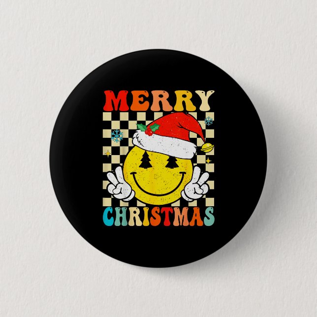 Groovy Merry Christmas Smile Face Santa Hat Xmas T Knapp (Framsida)