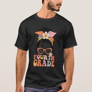Groovy Messy Bun Fjärde Klass Boho Lycklig Ansikte T Shirt