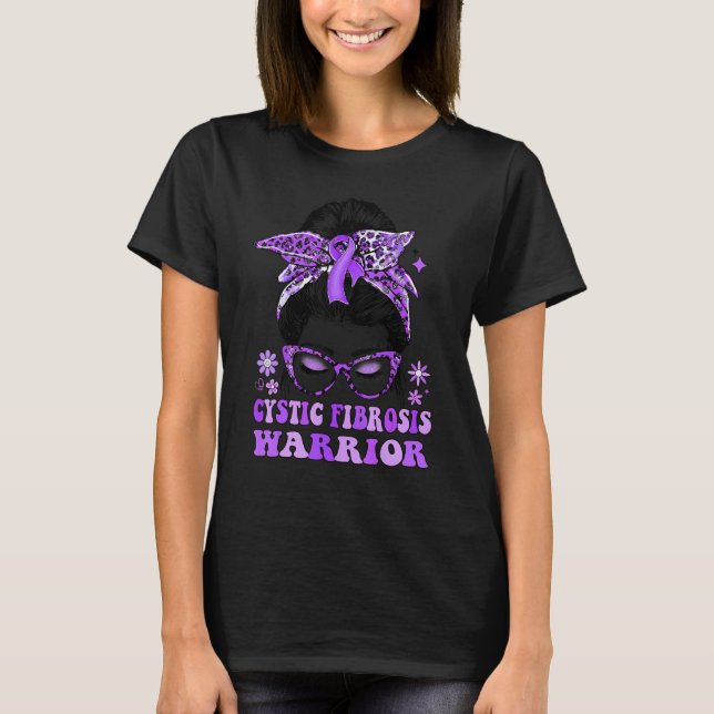 Groovy Messy Bun Purple Ribbon Cystic Fibrosis War T Shirt (Framsida)