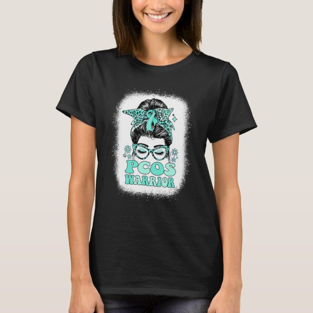 Groovy Messy Bun Women Teal Ribbon PCOS Warrior T Shirt (Framsida)