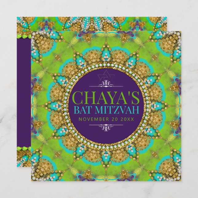 Groovy Neon Glamor Bat mitzvah Inbjudningar (Fram/baksida)