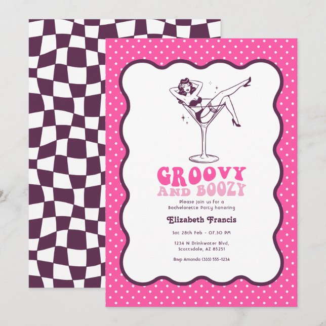 Groovy och berusad Retro Rosa Martini Möhippa Inbjudningar (Fram/baksida)
