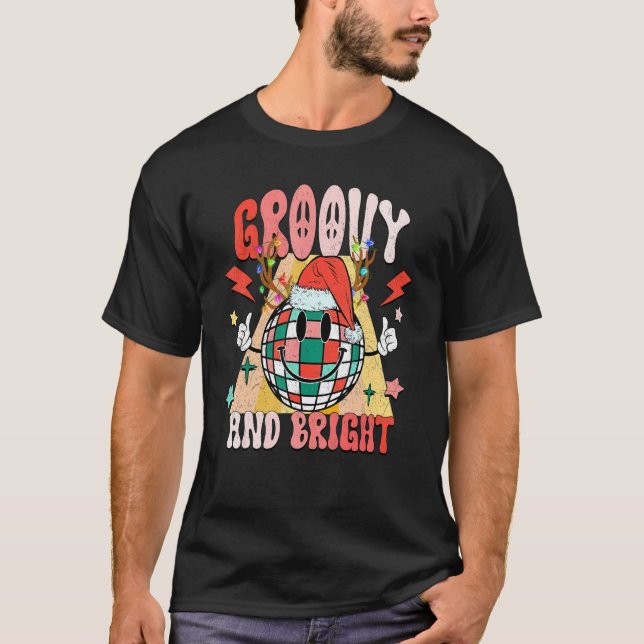 Groovy Och Ljus Disco Boll Tomte Glad Ansikte Jul T Shirt (Framsida)