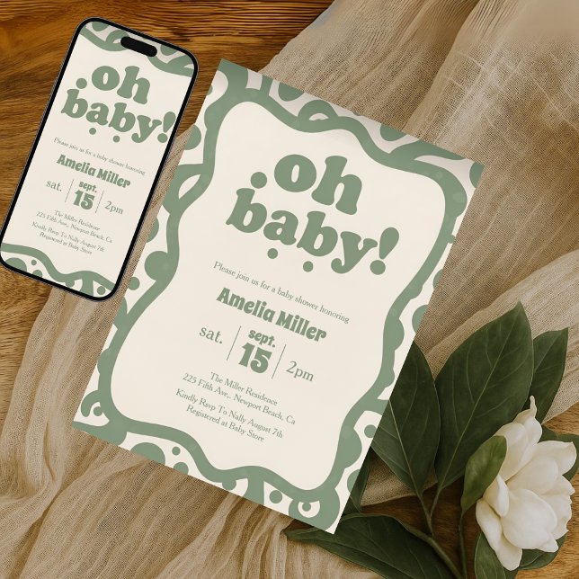 Groovy Oh Baby Shower | Retro 70s Sage Green Inbjudningar (Skapare uppladdad)