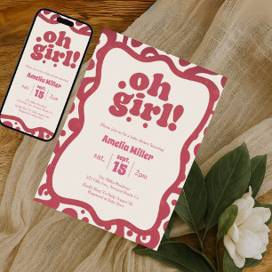 Groovy Oh Girl Retro Rosa 70-tal baby shower Inbjudningar