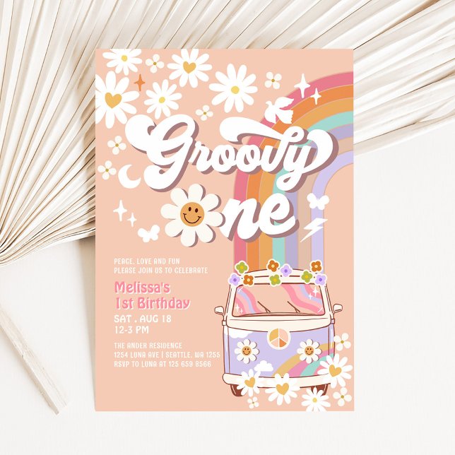 Groovy ONE 1-års födelsedag Hippie 70-tal Retro Inbjudningar (Skapare uppladdad)