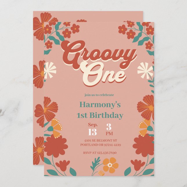 Groovy One 1st Birthday Party Boho Hippy Vibes Inv Inbjudningar (Fram/baksida)