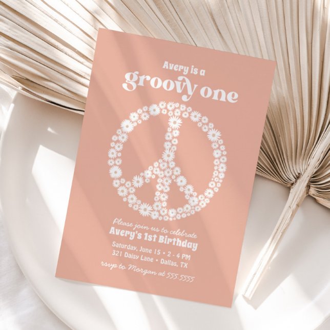 Groovy One 70s Rosa Daisy 1:a födelsedagen Party Inbjudningar (Skapare uppladdad)