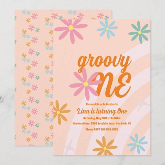 Groovy One Blommig Första Födelsedag Retro Fest Inbjudningar (Fram/baksida)