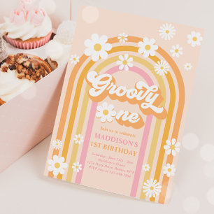 Groovy One Boho Daisy Rainbow 1 Birthday Party Inbjudningar