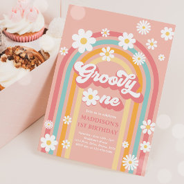 Groovy One Boho Daisy Rainbow 1 Birthday Party Inbjudningar