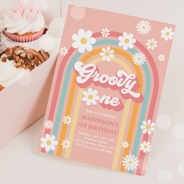 Groovy One Boho Daisy Rainbow 1 Birthday Party Inbjudningar (Skapare uppladdad)
